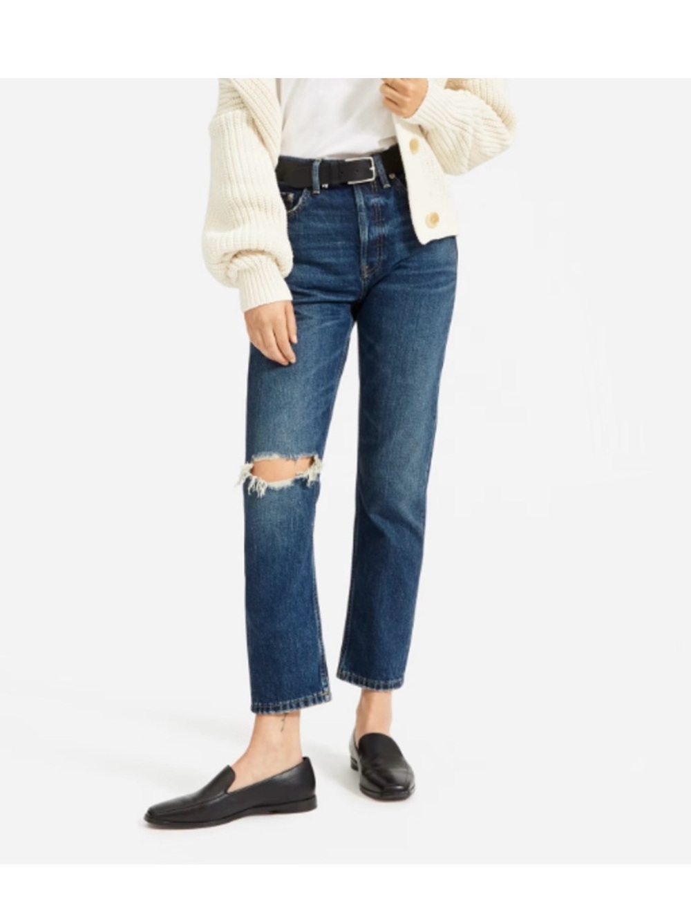 Everlane the Cheeky high-rise Button Fly Dark wash knee rip crop Jean 26

NWT